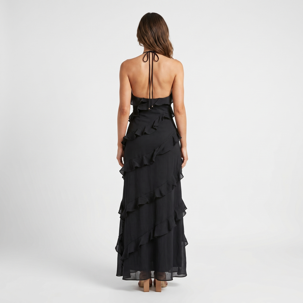 Women's A-Line Chiffon Maxi Dress with Cascading Ruffles