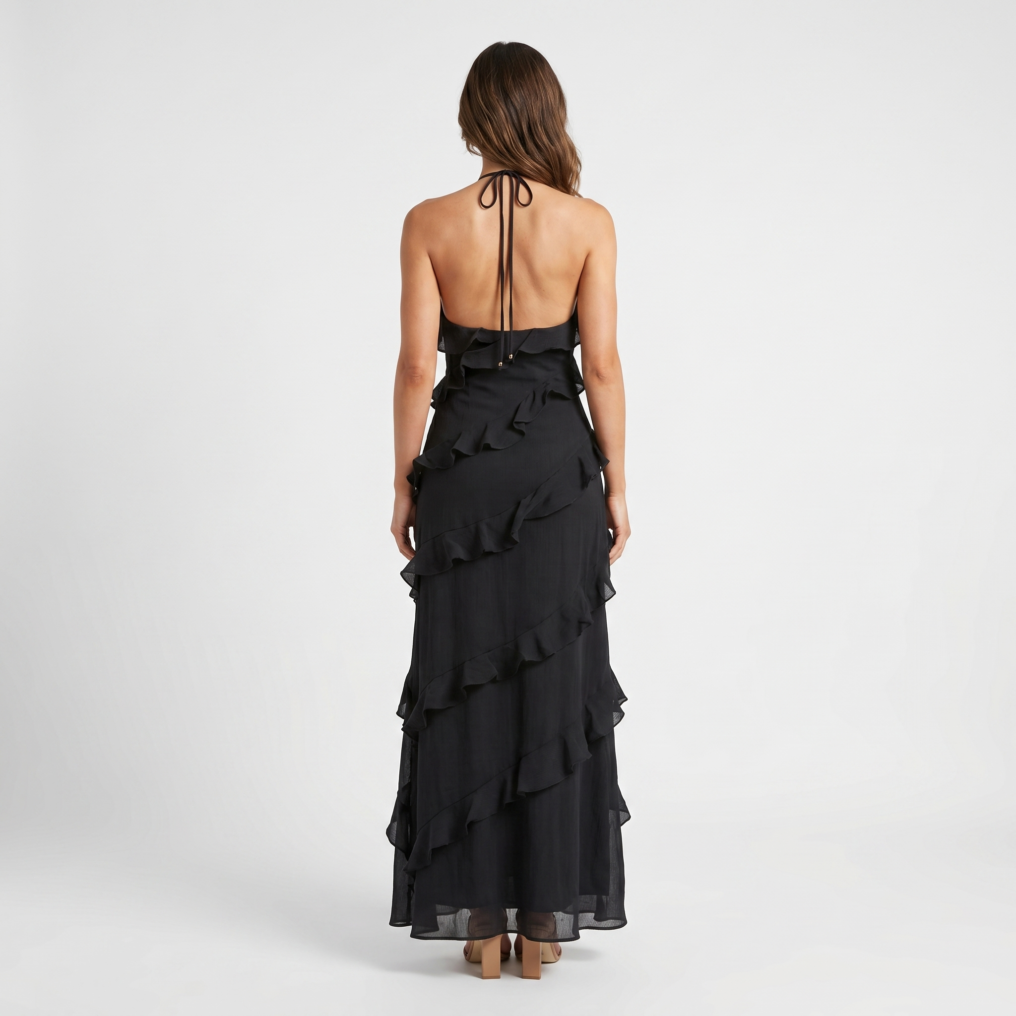 Women's A-Line Chiffon Maxi Dress with Cascading Ruffles