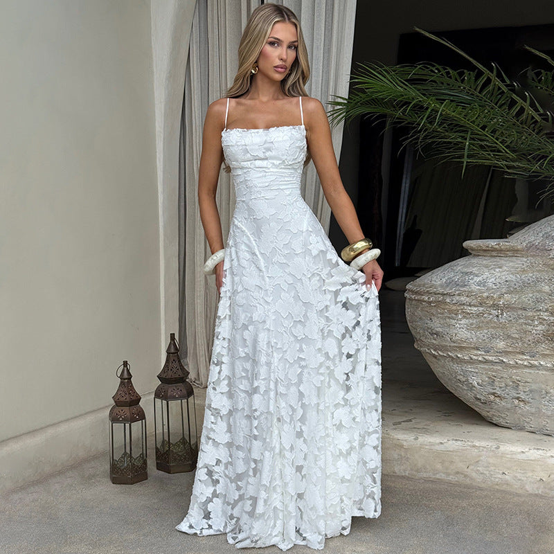 Women's A-Line Lace Maxi Dress with Square Neckline