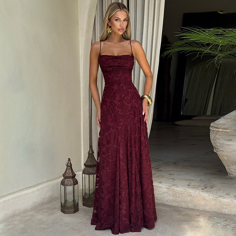 Women's A-Line Lace Maxi Dress with Square Neckline