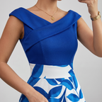 Women's Blue and White Off-Shoulder A-Line Maxi Dress with Fitted Bodice