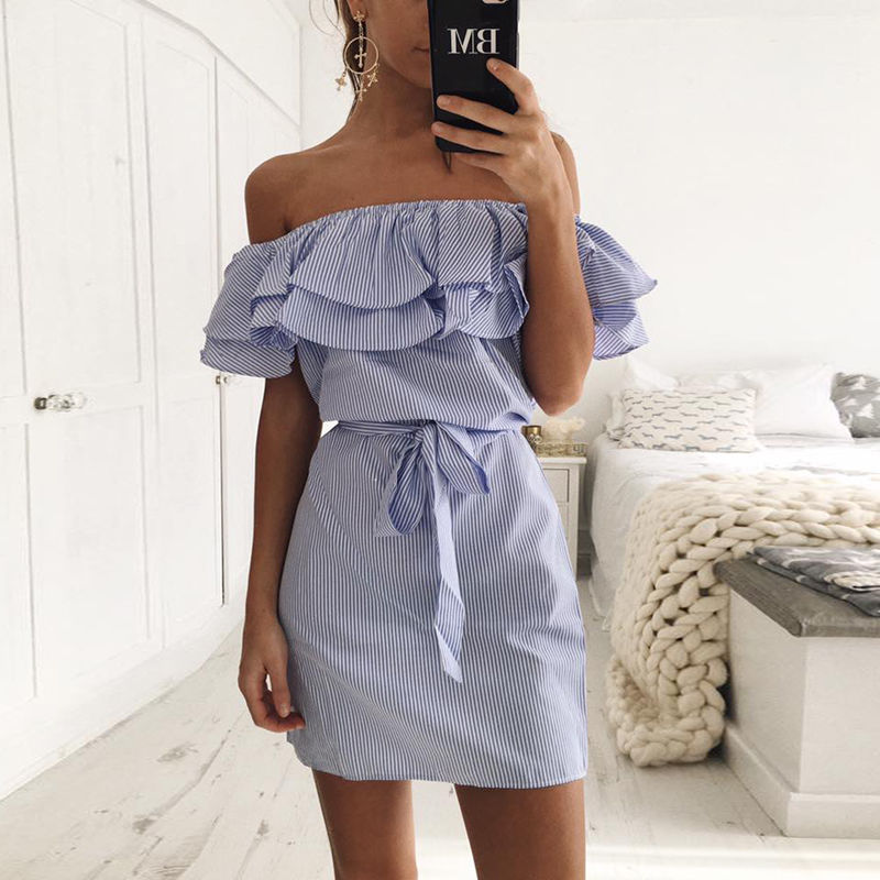 Women's Off-Shoulder A-Line Mini Dress with Ruffled Bodice