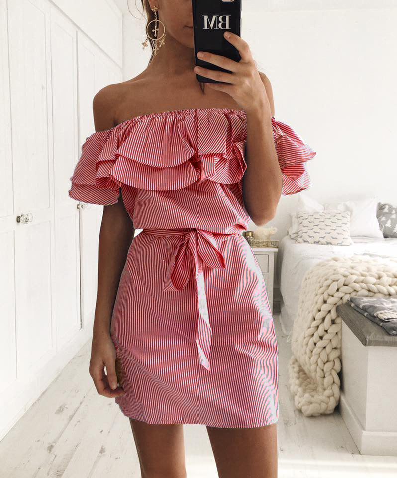 Women's Off-Shoulder A-Line Mini Dress with Ruffled Bodice
