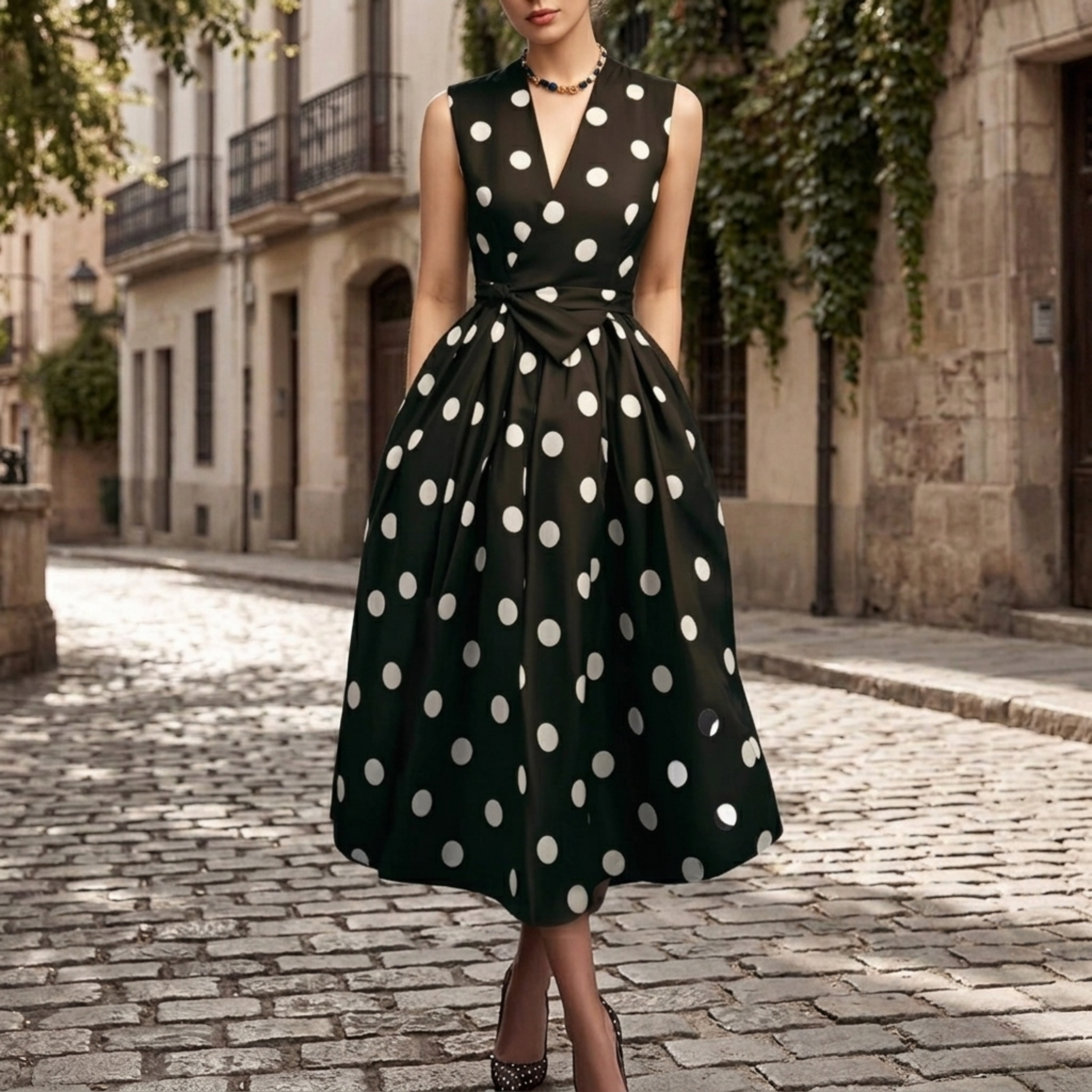 Women's Satin Polka Dot A-Line Midi Dress with Deep V-Neck