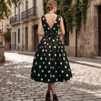 Women's Satin Polka Dot A-Line Midi Dress with Deep V-Neck