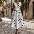 Women's Satin Polka Dot A-Line Midi Dress with Deep V-Neck