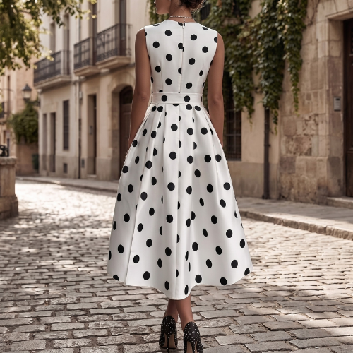 Women's Satin Polka Dot A-Line Midi Dress with Deep V-Neck