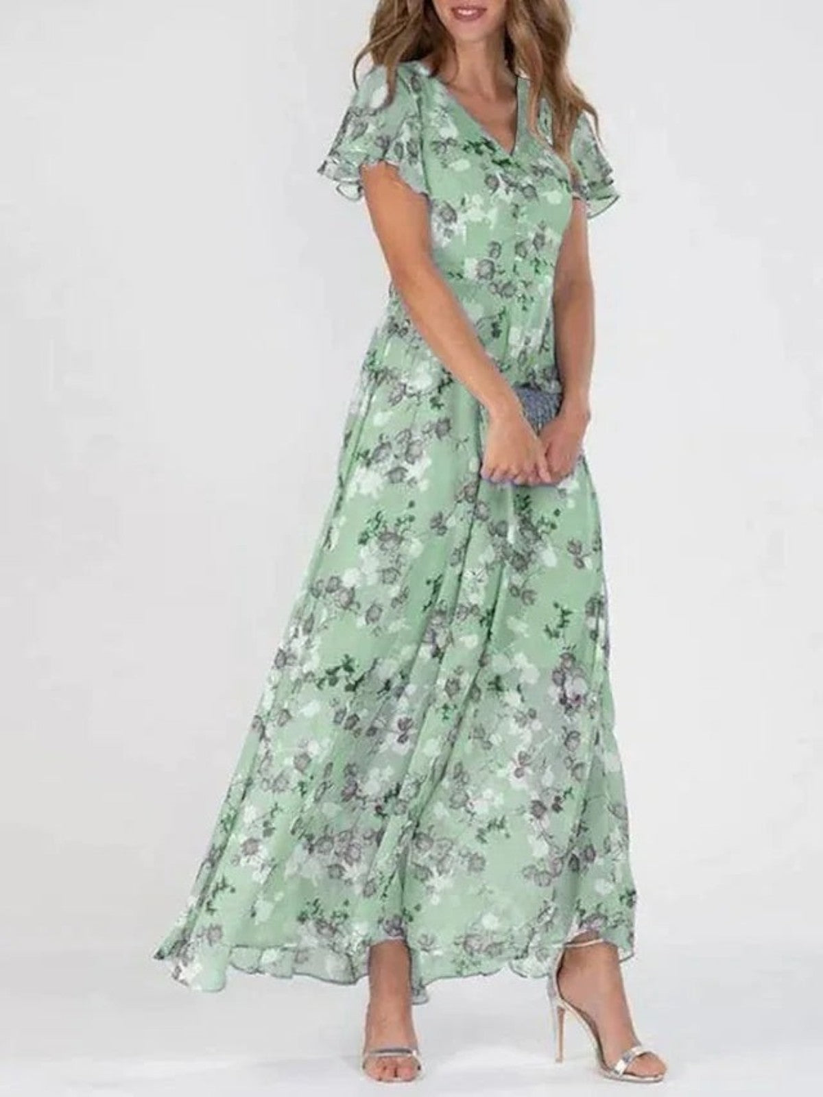 Women's A-Line Chiffon Maxi Dress with Wrap V-Neck