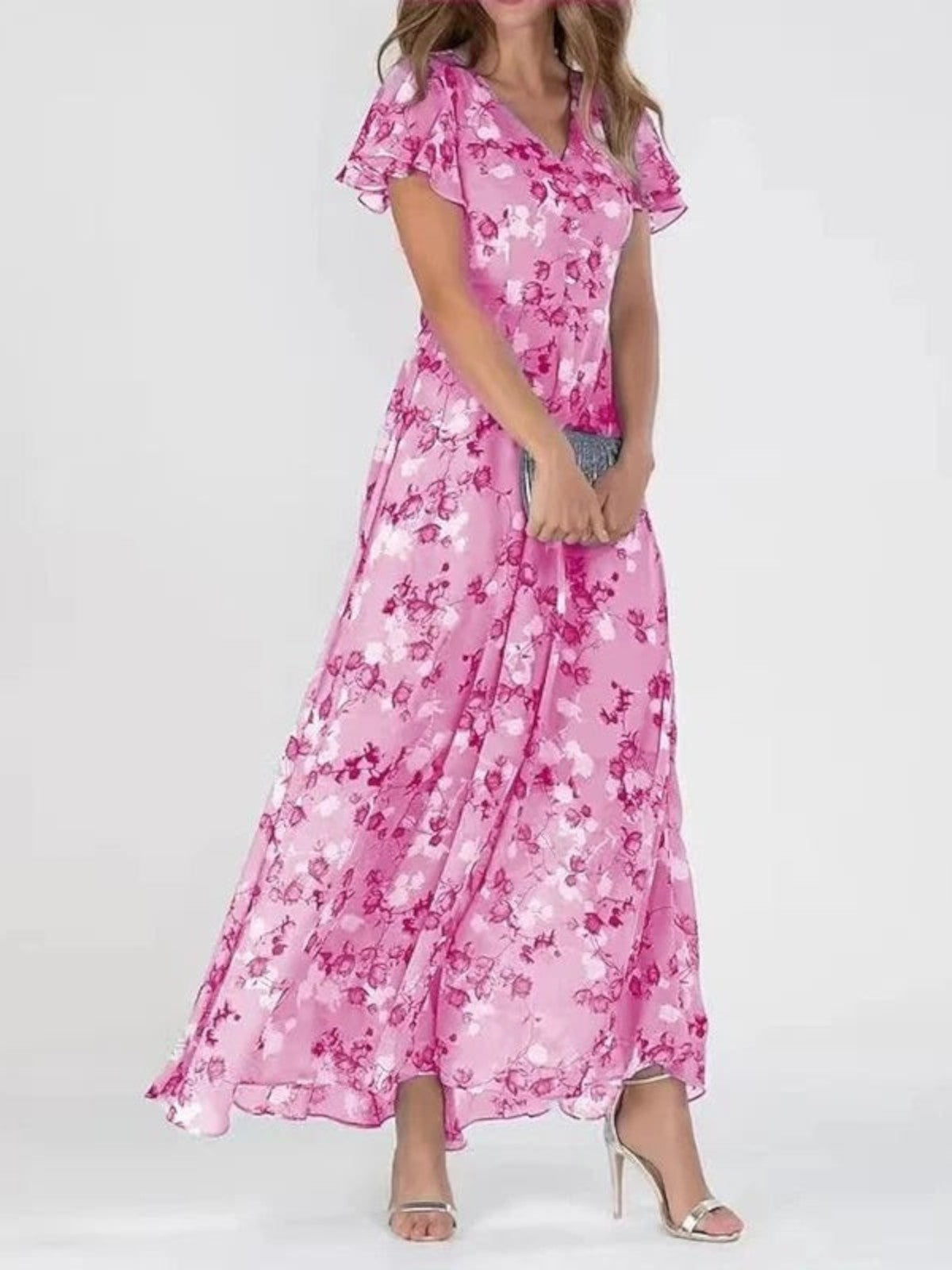 Women's A-Line Chiffon Maxi Dress with Wrap V-Neck