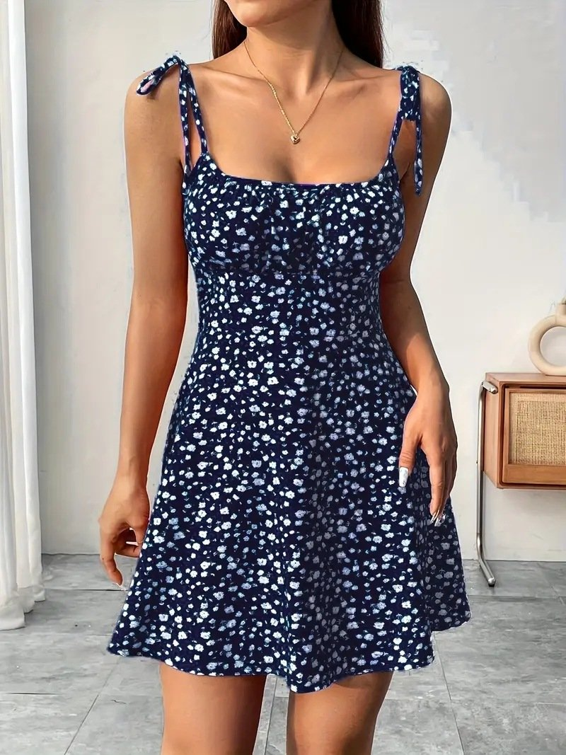 Women's A-Line Floral Mini Dress with Tie Straps