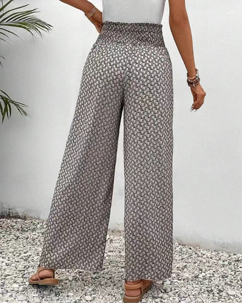 Women's High-Waisted Wide-Leg Pants with Monogram Print