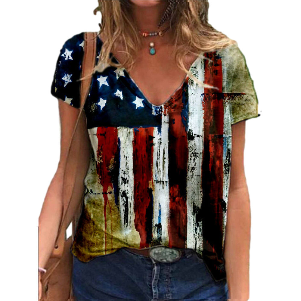 Women's American Flag V-Neck T-Shirt with Distressed Print