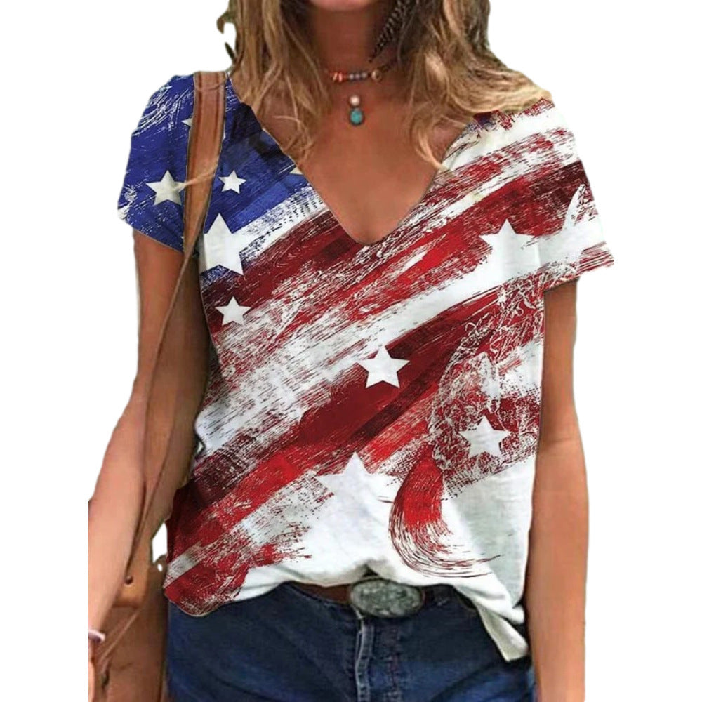 Women's American Flag V-Neck T-Shirt with Distressed Print