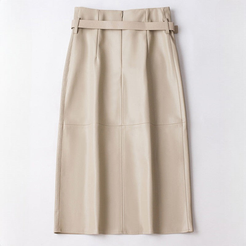 Women's High-Waist Midi Skirt with Asymmetrical Panel and Belt