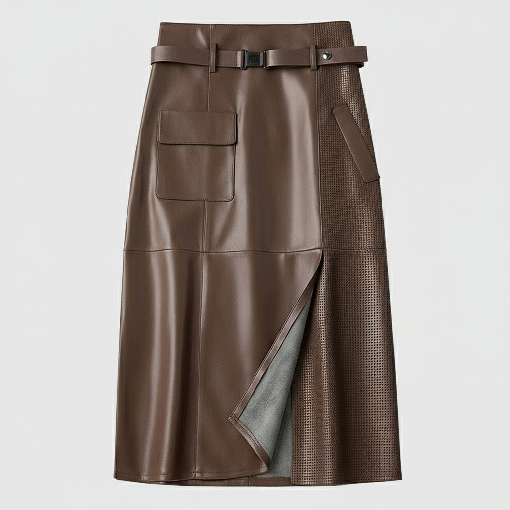 Women's High-Waist Midi Skirt with Asymmetrical Panel and Belt