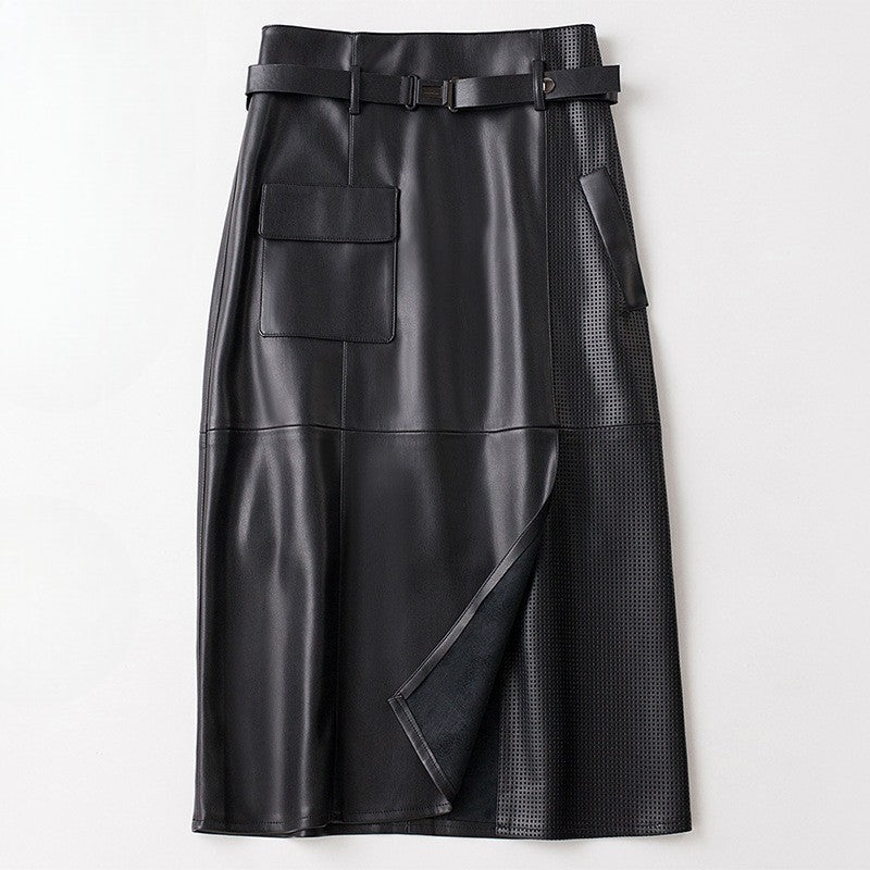 Women's High-Waist Midi Skirt with Asymmetrical Panel and Belt