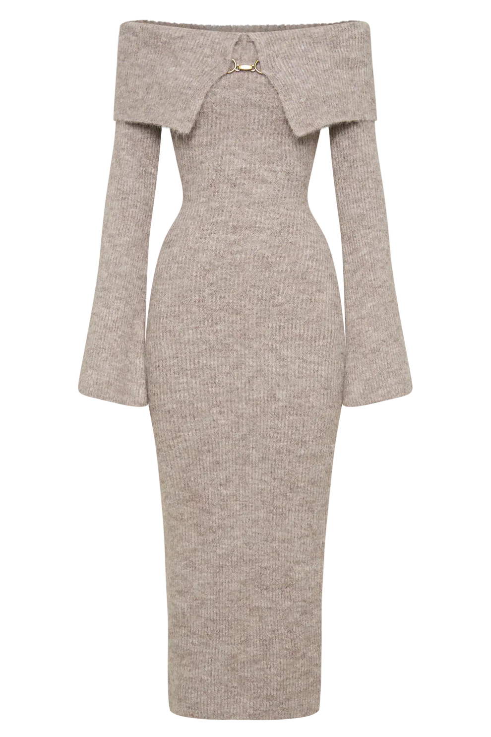 Beige Off Shoulder Knit Midi Dress