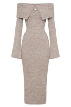 Beige Off Shoulder Knit Midi Dress