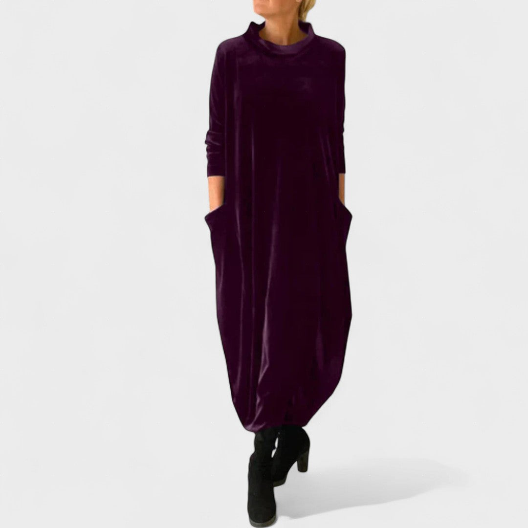 Women's Balloon Fit Velvet Midi Dress with Turtleneck