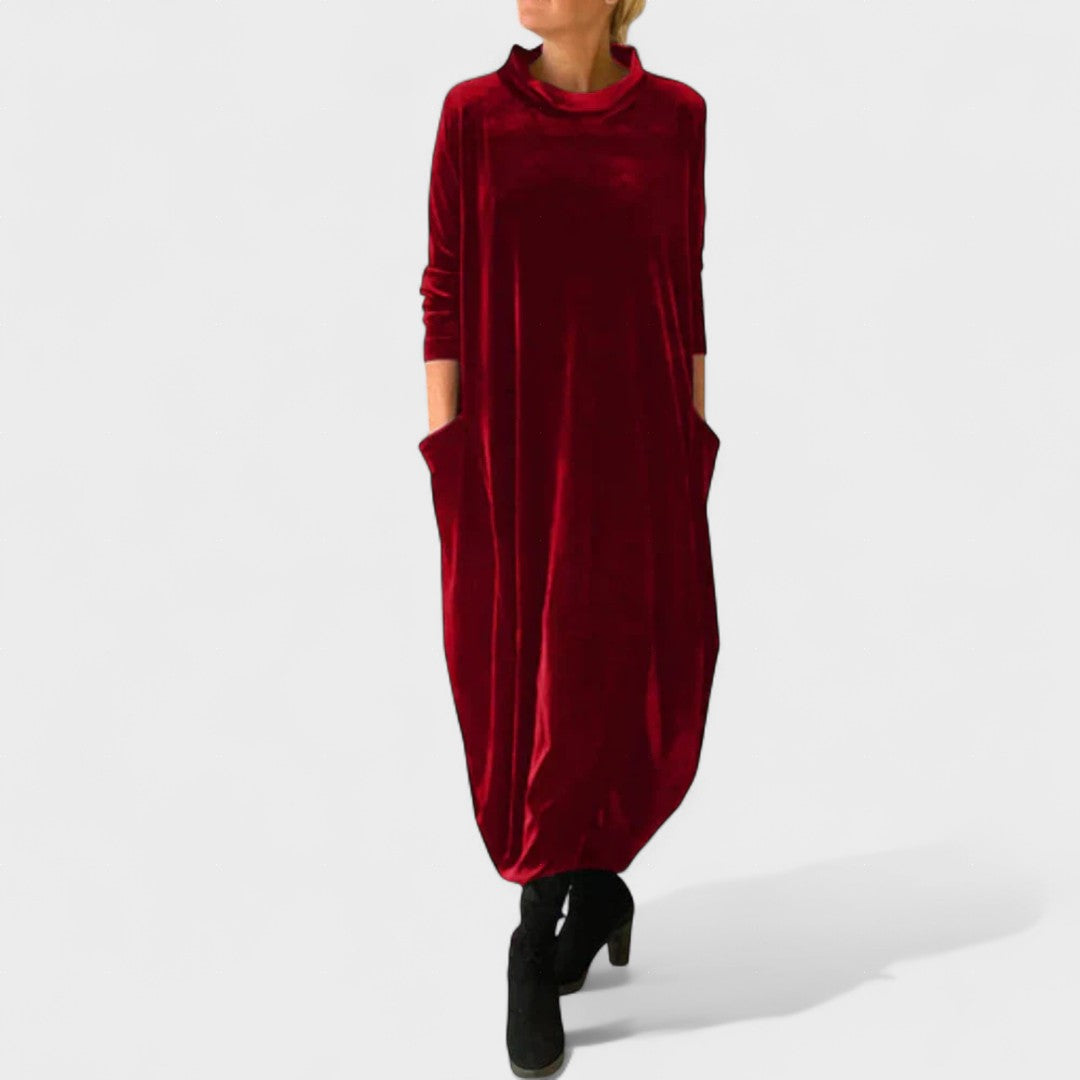 Women's Balloon Fit Velvet Midi Dress with Turtleneck