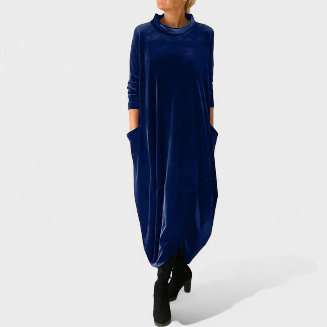 Women's Balloon Fit Velvet Midi Dress with Turtleneck