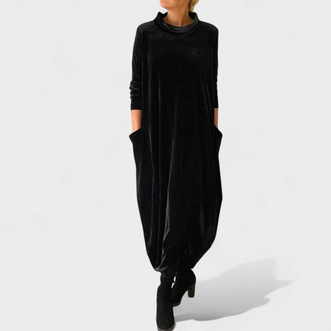 Women's Balloon Fit Velvet Midi Dress with Turtleneck