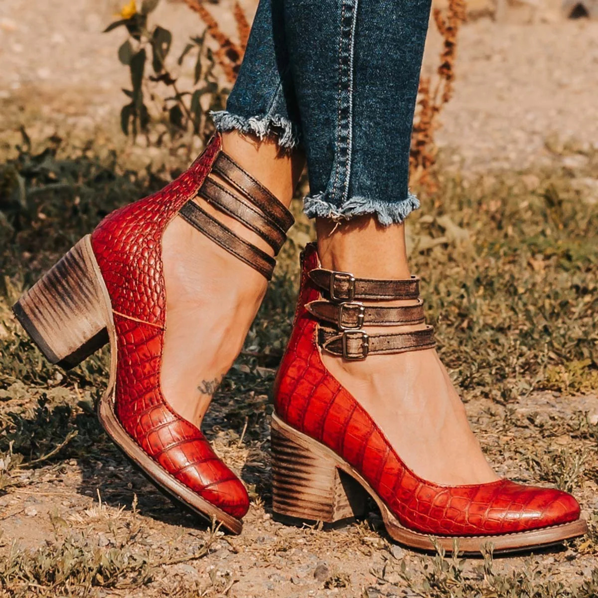 Women's Crocodile-Embossed Block Heel Sandals with Triple Ankle Straps