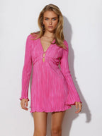 Women's Pleated Bodycon Mini Dress with Plunging V-Neck