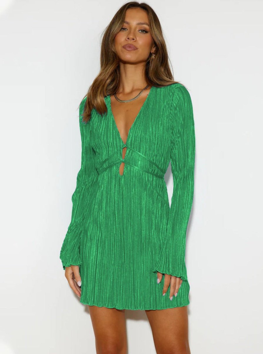 Women's Pleated Bodycon Mini Dress with Plunging V-Neck