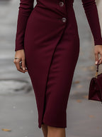 Women's Bodycon Midi Dress with V-Neck and Button Wrap