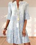 Women's Bohemian Floral Mini Dress with Mandarin Collar and Bell Sleeves