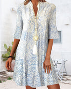 Women's Bohemian Floral Mini Dress with Mandarin Collar and Bell Sleeves