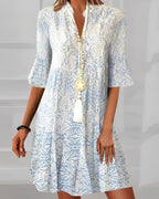 Women's Bohemian Floral Mini Dress with Mandarin Collar and Bell Sleeves