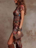 Women's Bohemian Slim-Fit Chiffon Midi Dress with Wrap V-Neck