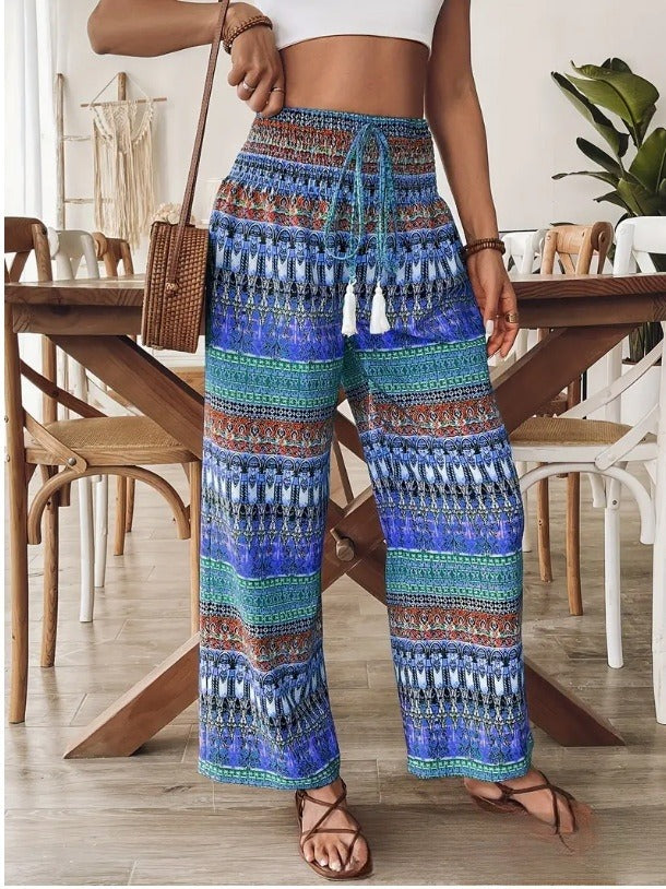 Women's Bohemian Wide-Leg Pants with Smocked Waist