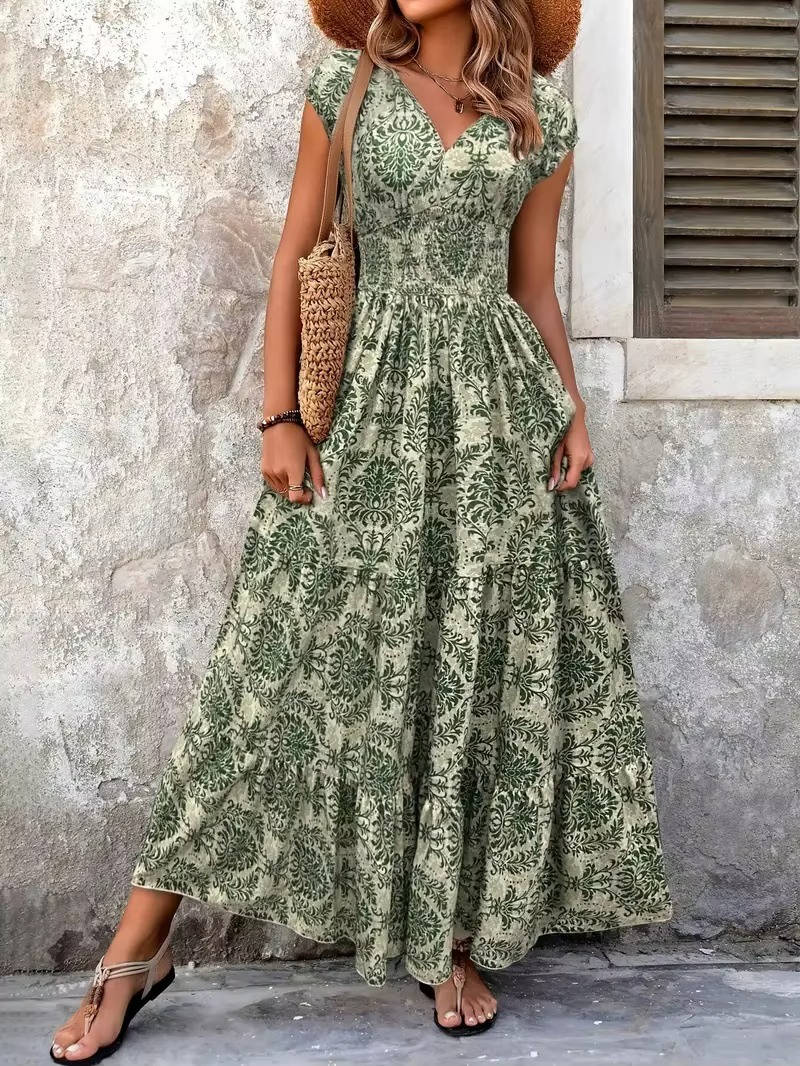 Women's Floral Smocked Maxi Dress with Tiered Skirt