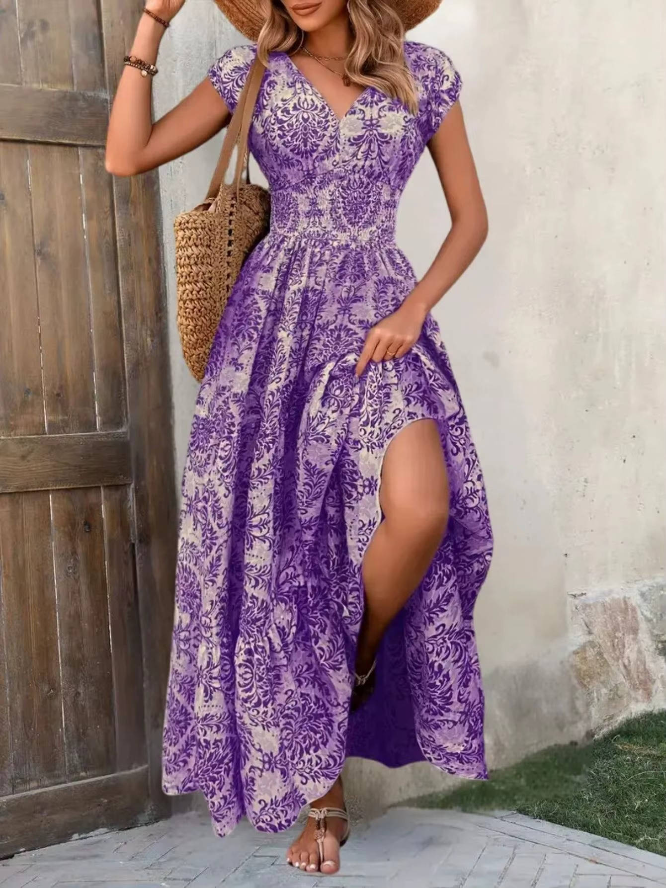 Women's Floral Smocked Maxi Dress with Tiered Skirt