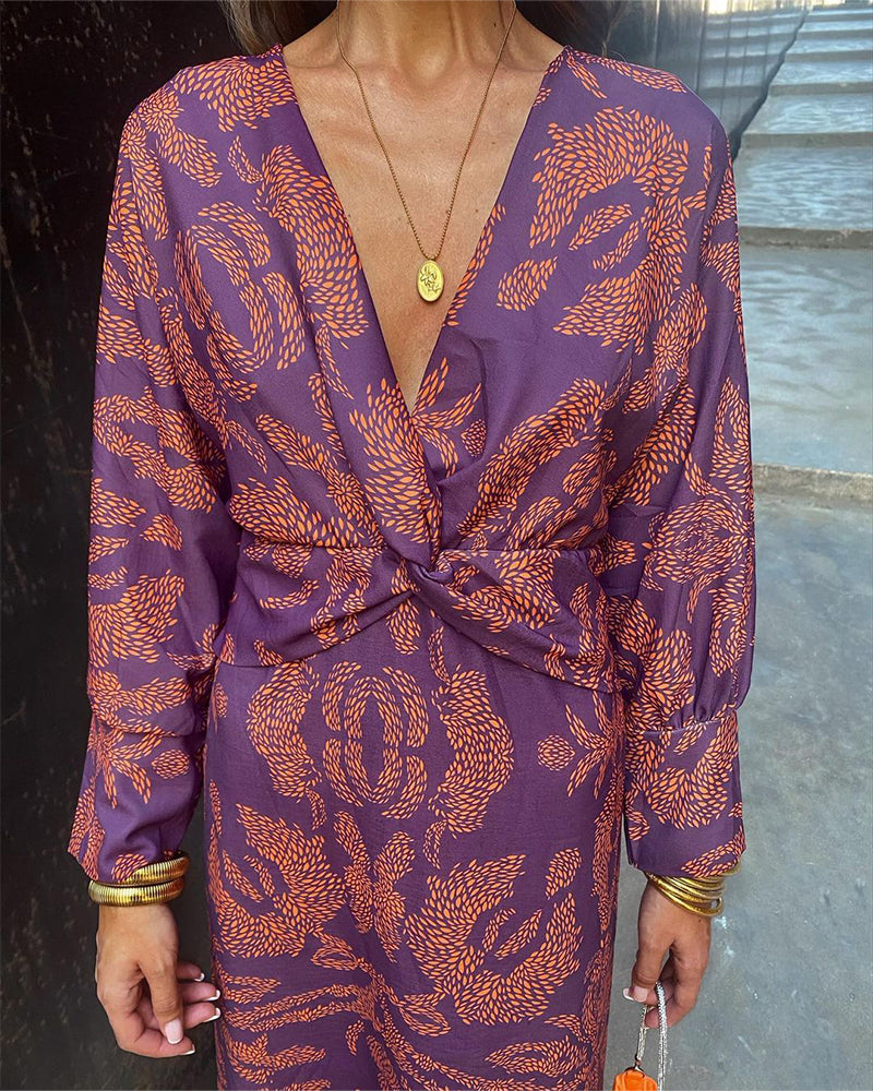 Women's Boho Maxi Dress with V-Neck and Long Sleeves