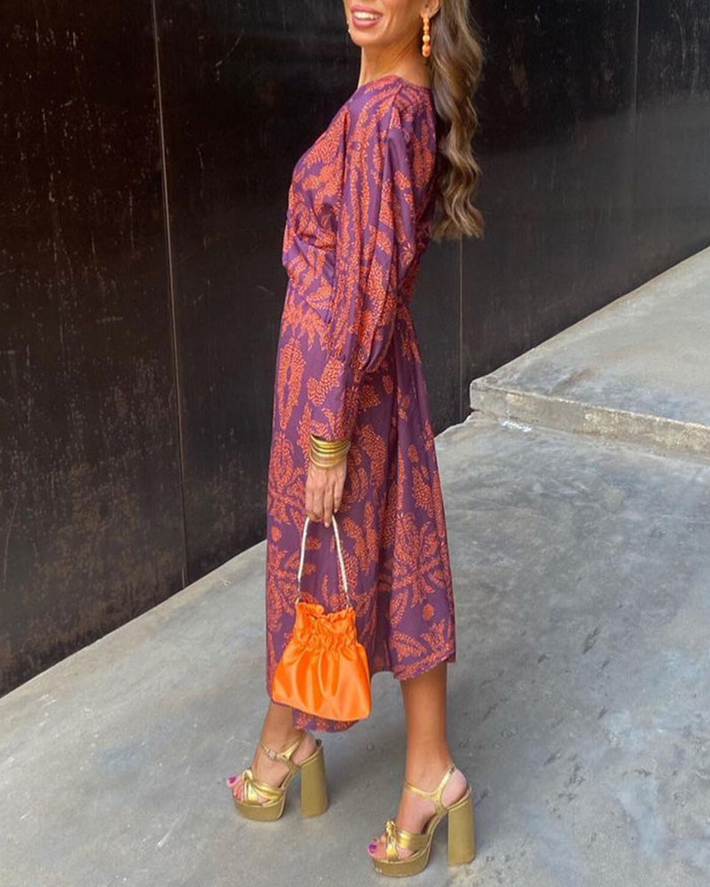 Women's Boho Maxi Dress with V-Neck and Long Sleeves