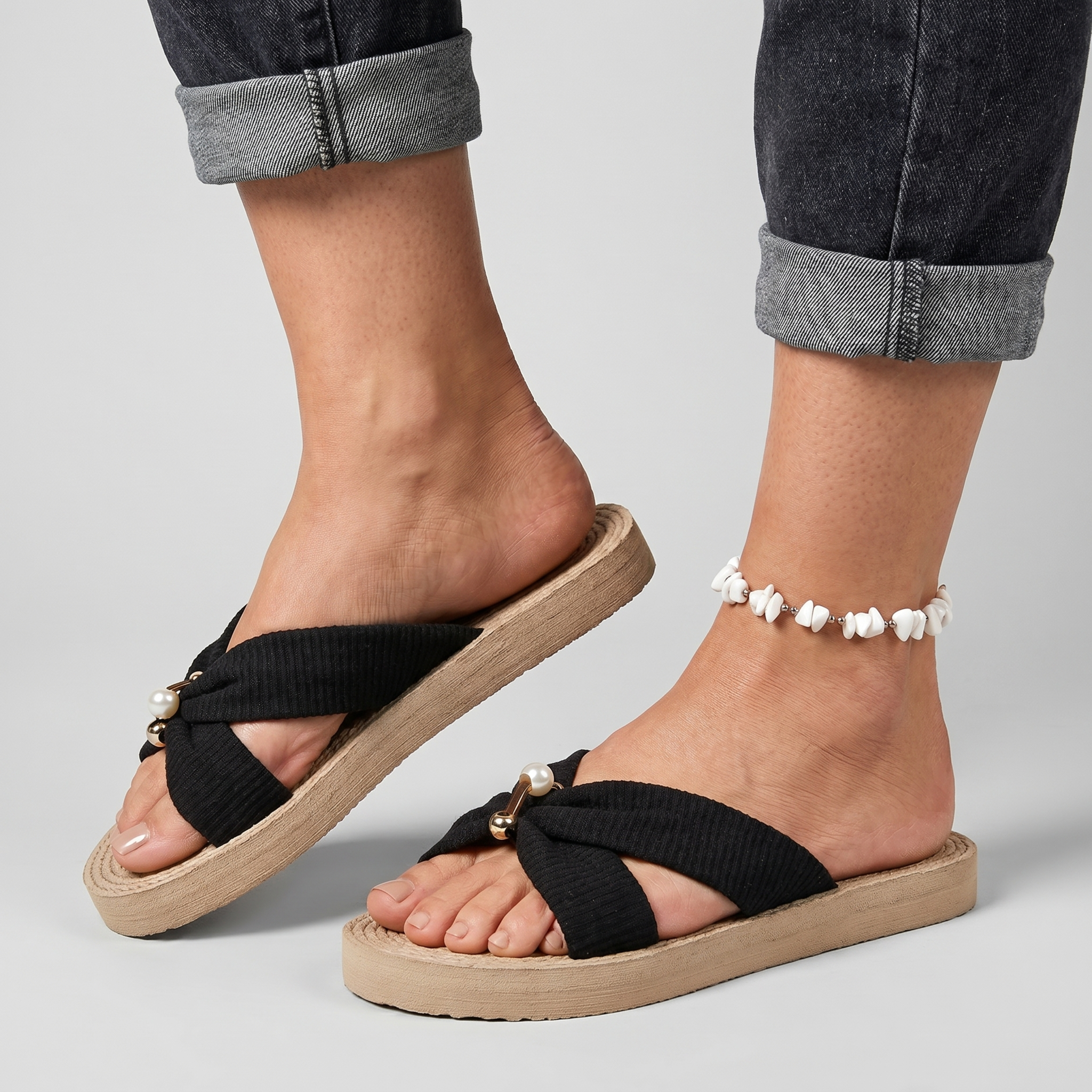 Women's Braided Jute Sandals with Pearl Embellishment
