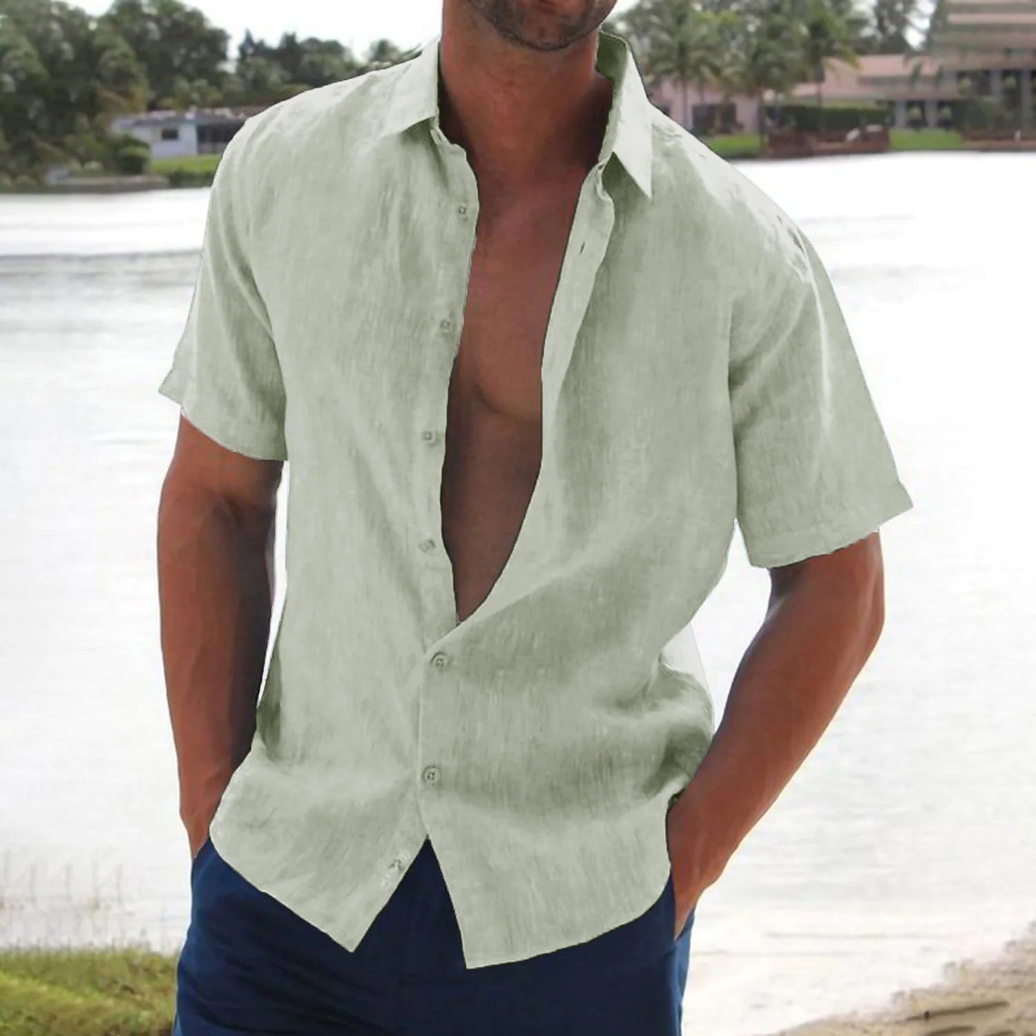 Men's Relaxed Linen Button-Up Shirt with Pointed Collar