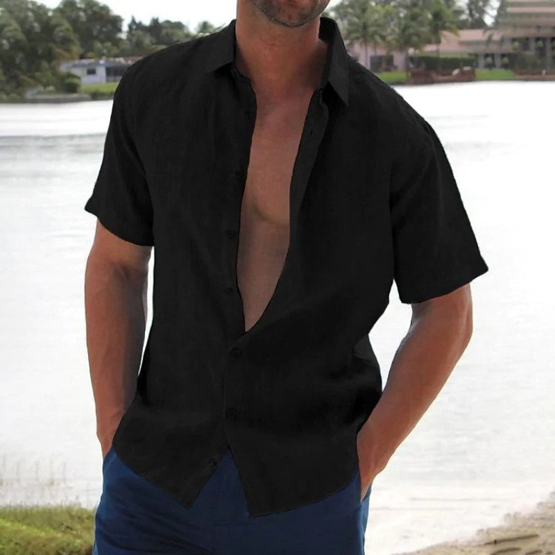Men's Relaxed Linen Button-Up Shirt with Pointed Collar