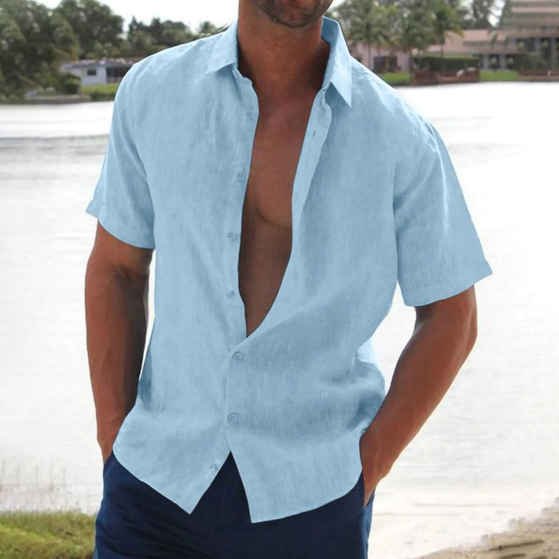 Men's Relaxed Linen Button-Up Shirt with Pointed Collar