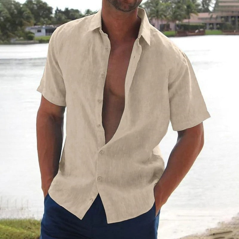 Men's Relaxed Linen Button-Up Shirt with Pointed Collar
