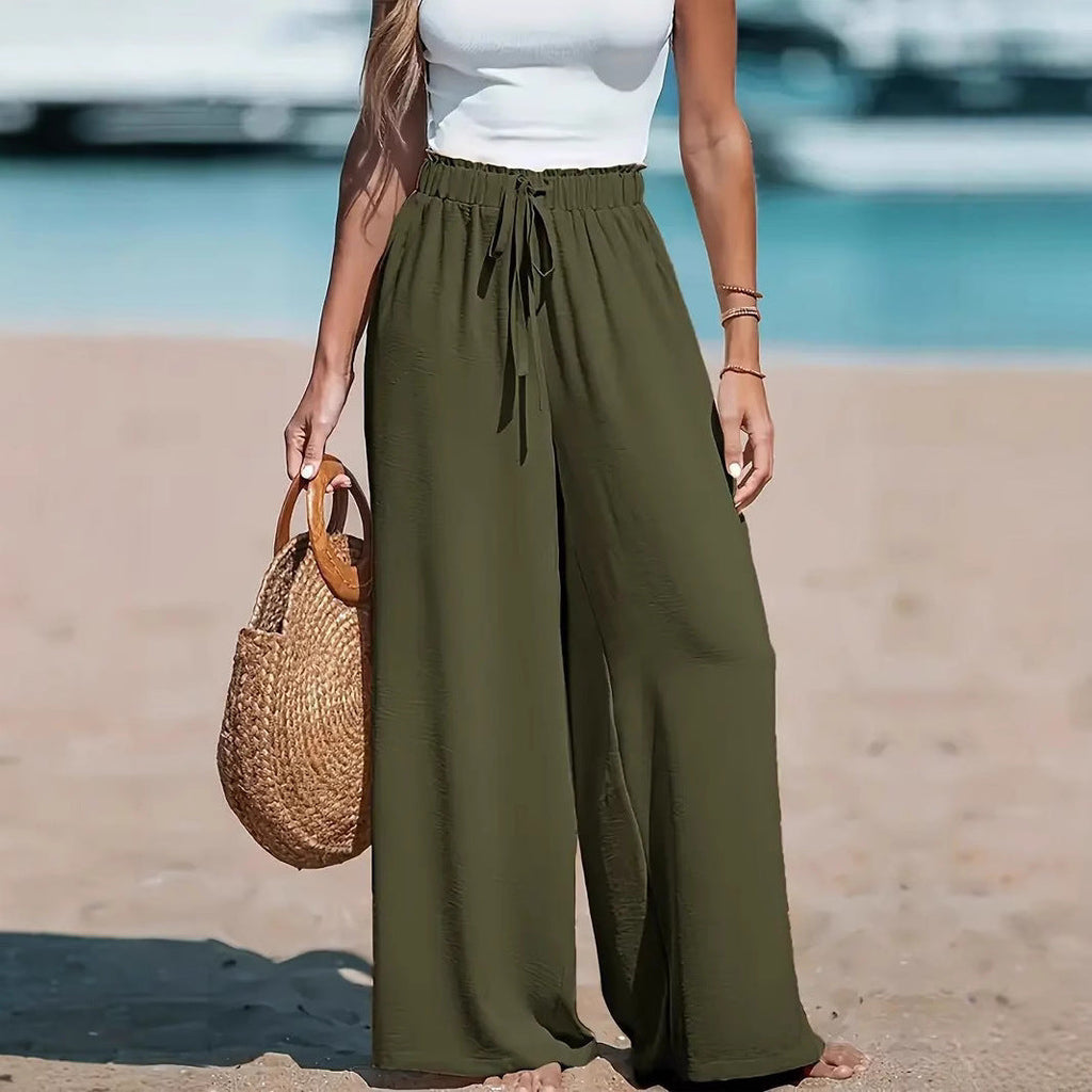 Women's Relaxed Wide Leg Linen Pants with Drawstring Waist