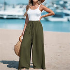 Women's Relaxed Wide Leg Linen Pants with Drawstring Waist