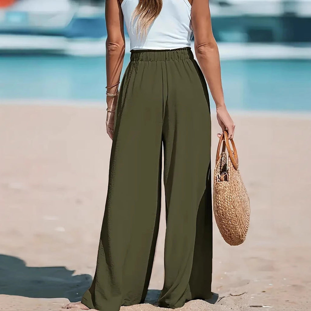 Women's Relaxed Wide Leg Linen Pants with Drawstring Waist