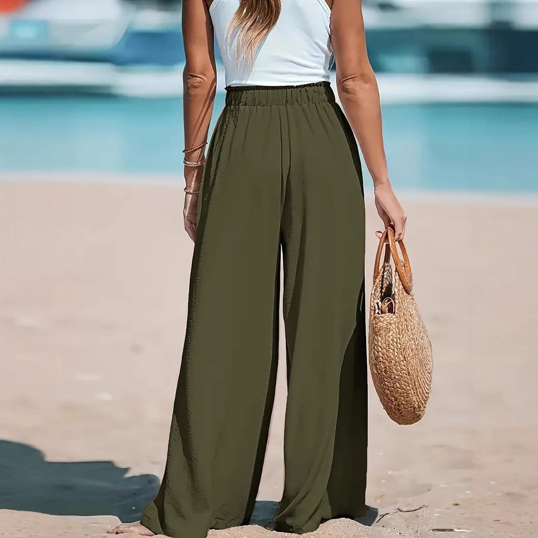Women's Relaxed Wide Leg Linen Pants with Drawstring Waist