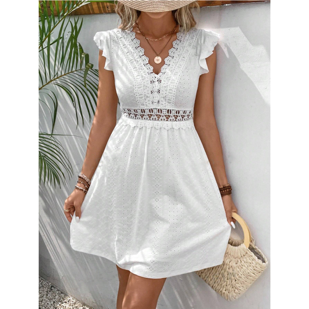 Women's Lilac Broderie Anglaise Cotton Mini Dress with V-Neck