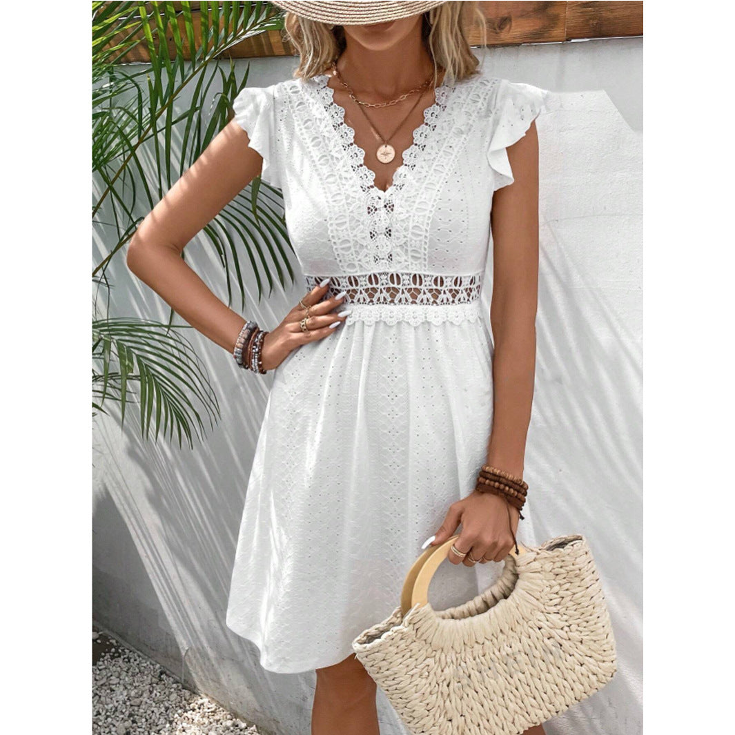Women's Lilac Broderie Anglaise Cotton Mini Dress with V-Neck